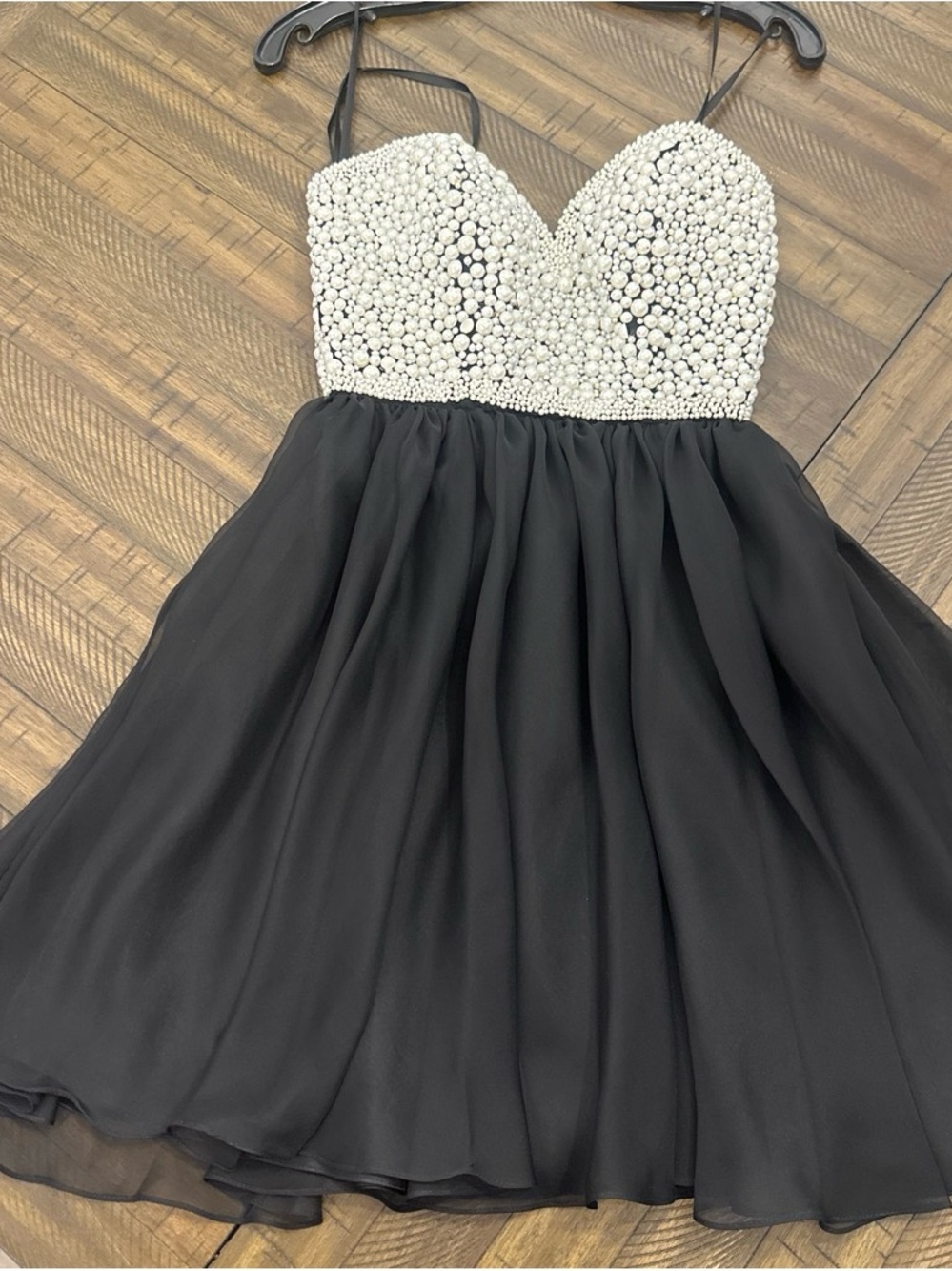 La Femme Black Skirt with Pearl-Embellished White Bodice Strapless Dress